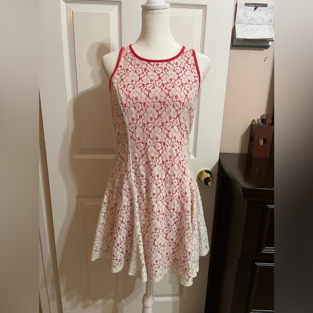 (19) Red and White Lace Dress With Ruffles